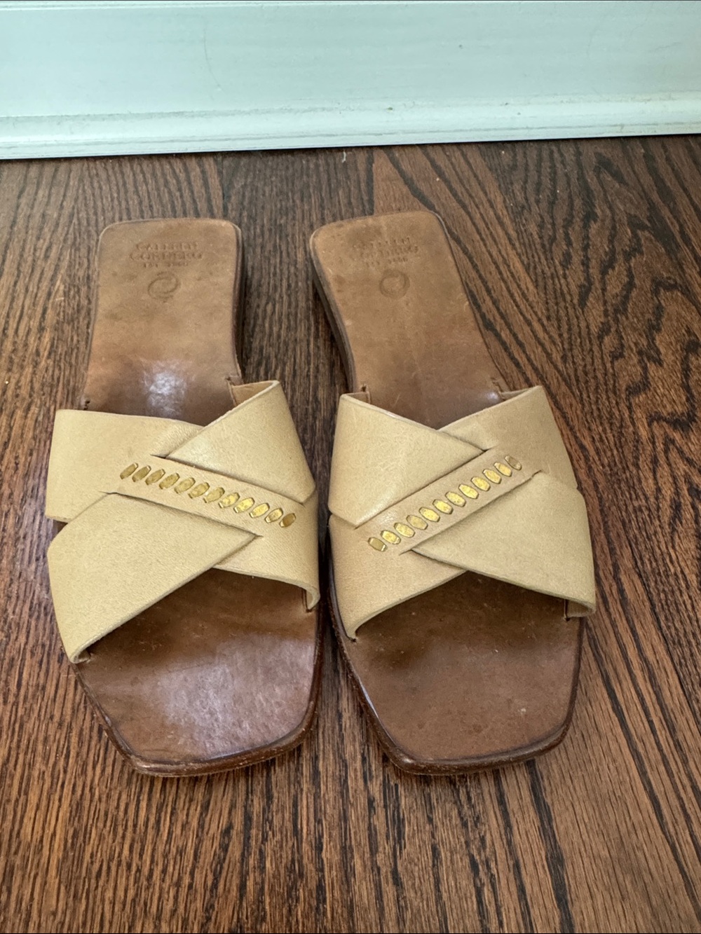 Women’s Tan Slide Sandals with Gold Accent